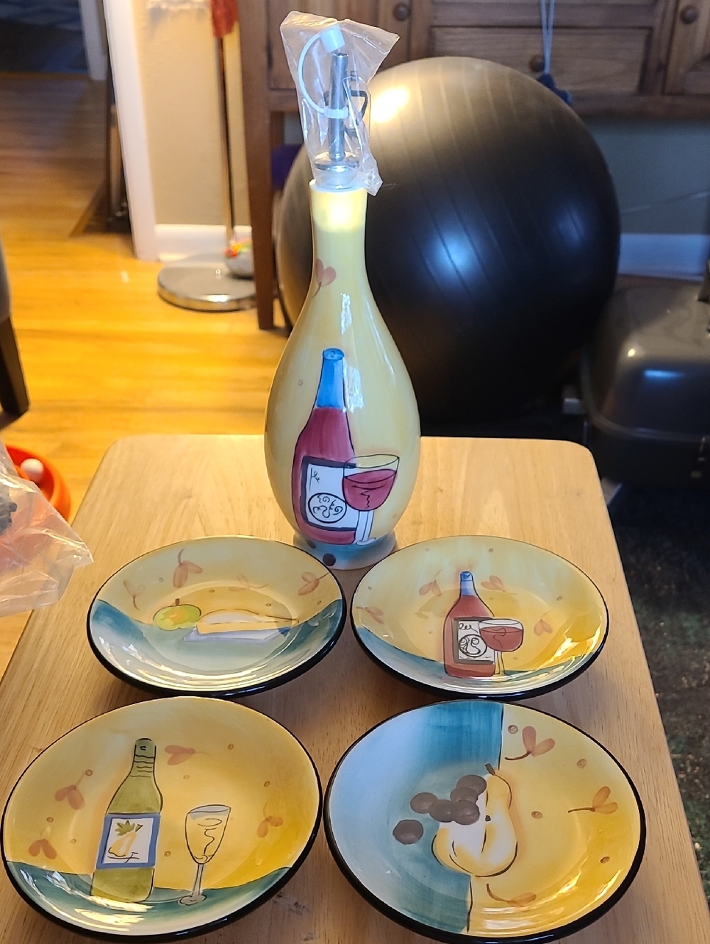 Hand-Painted Yellow Wine Bottle & Small Bread Dipping Plate /Oil Bottle  Set